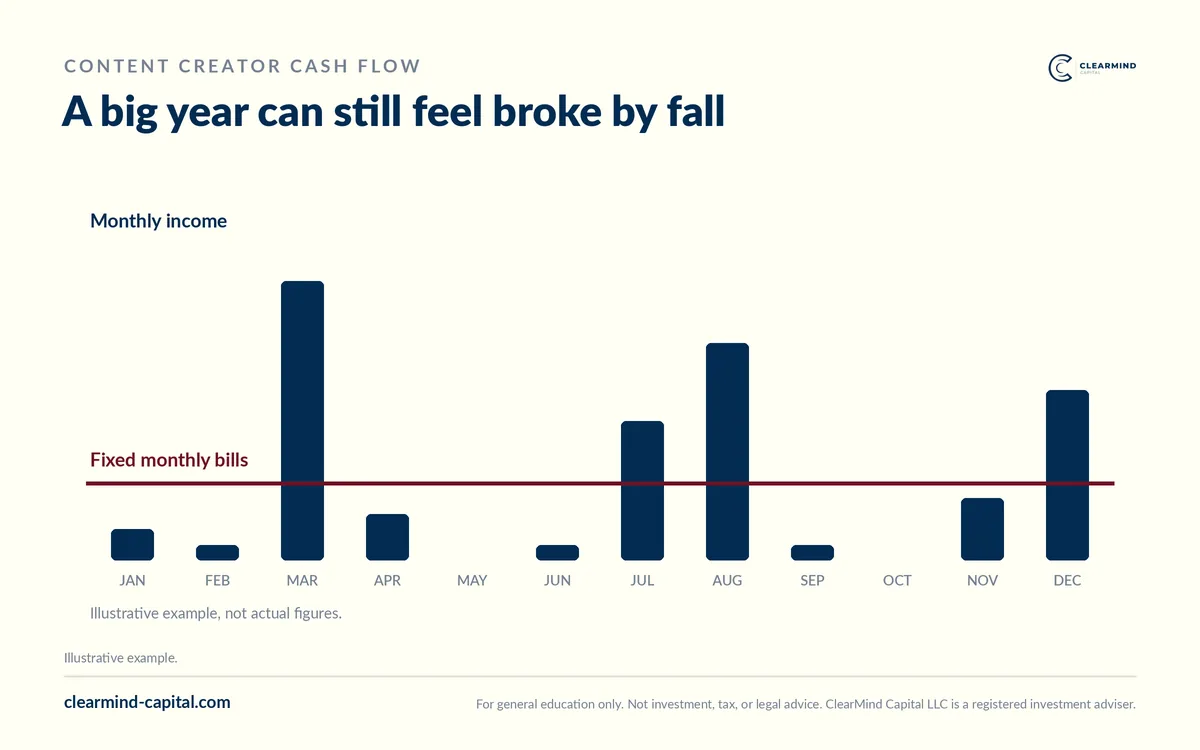 Chart contrasting a content creator's uneven monthly income, with tall bars in a few months and near-zero in others, against a flat line for fixed monthly bills, illustrating how a big year can still feel broke by fall.